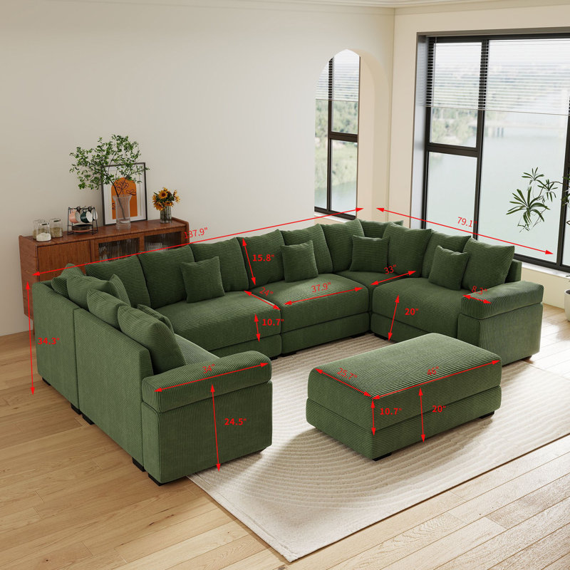 7-Piece 137.9" Wide Modular Sectional Sofa Oversized Corduroy Deep Seat Cloud Corner Couch With 46" W Movable Ottoman & Pillows