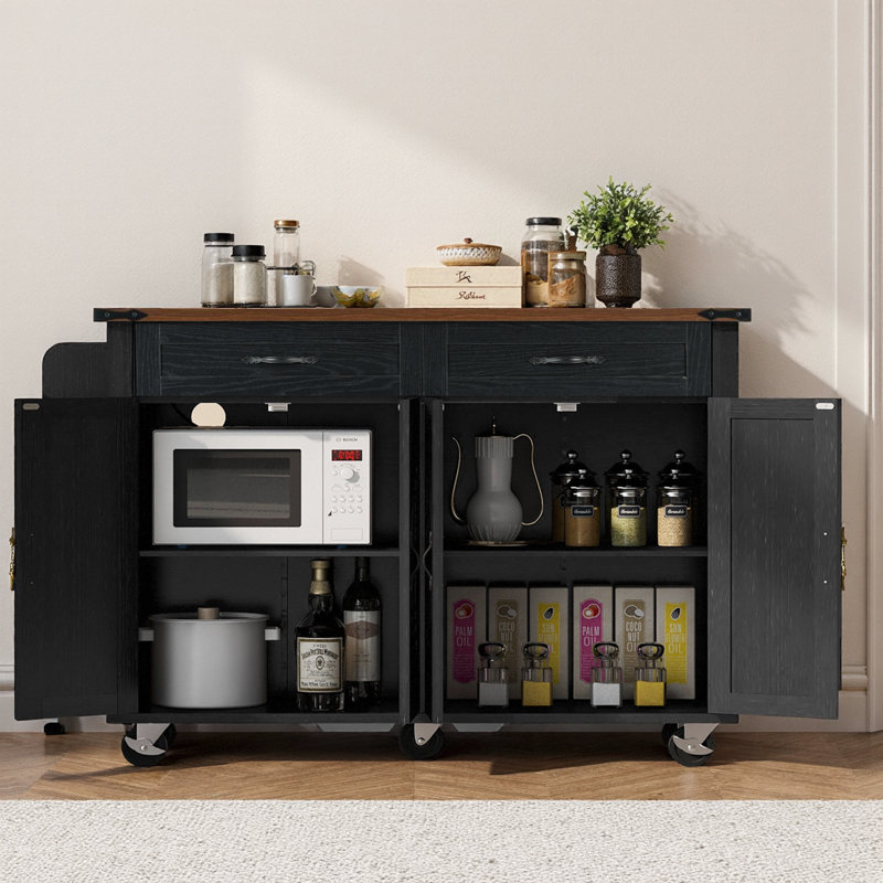 Îlot de cuisine l 53,5 po Durarte, roues verrouillables, abattant, Noir, noir, noir, noir, Bois massif et bois manufacturé