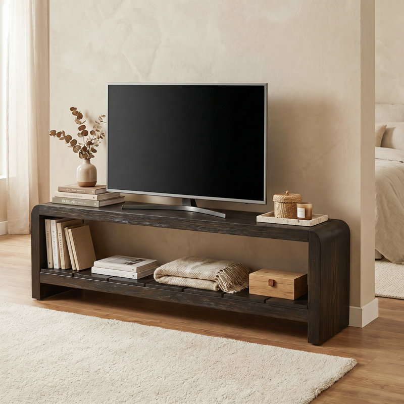 Solid Wood TV Stand Fits TVs up to 55", Farmhouse Entertainment Center with Storage Shelf, Black Brown