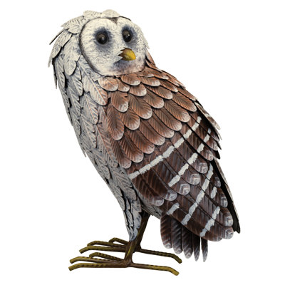 Barn Owl Metal Garden Statue with Detailed Feather Texture and Weather Resistant Multi Colored Finish