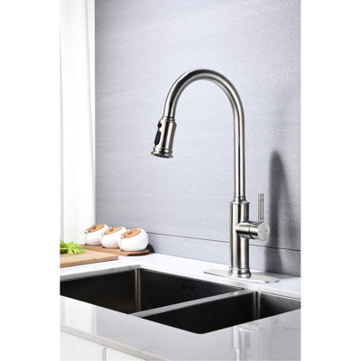 Kitchen Faucet With 360 Rotating Pull Out , Three Water Output Settings, Single Lever Operation, Brushed Nickel Stainless Steel, Dirt Surface Treatment, Splash- Aerated Bubble Water, 5.93 Lb Faucet,