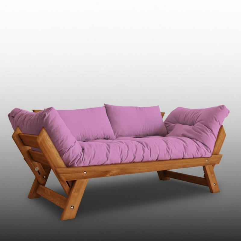 Convertible Pine Wood 2-Seat Outdoor Sofa With Waterproof Linen Cushions, Pink, Teak