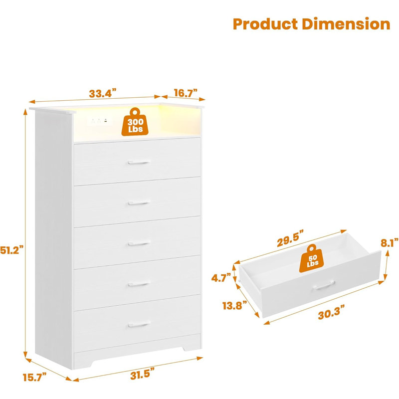 5-Drawer Dresser with LED Lights & Charging Station – 51” Tall Vertical Chest with Open Shelf, Power Outlet & USB Ports – Modern Storage Cabinet for Bedroom, Living Room, Entryway, White