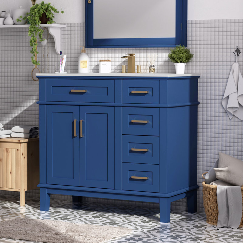 Meuble-lavabo moderne avec lavabo en céramique, Bleu