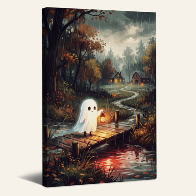 Tableau sur toile d'Halloween représentant un fantôme blanc tenant une lanterne sur un pont d'automne