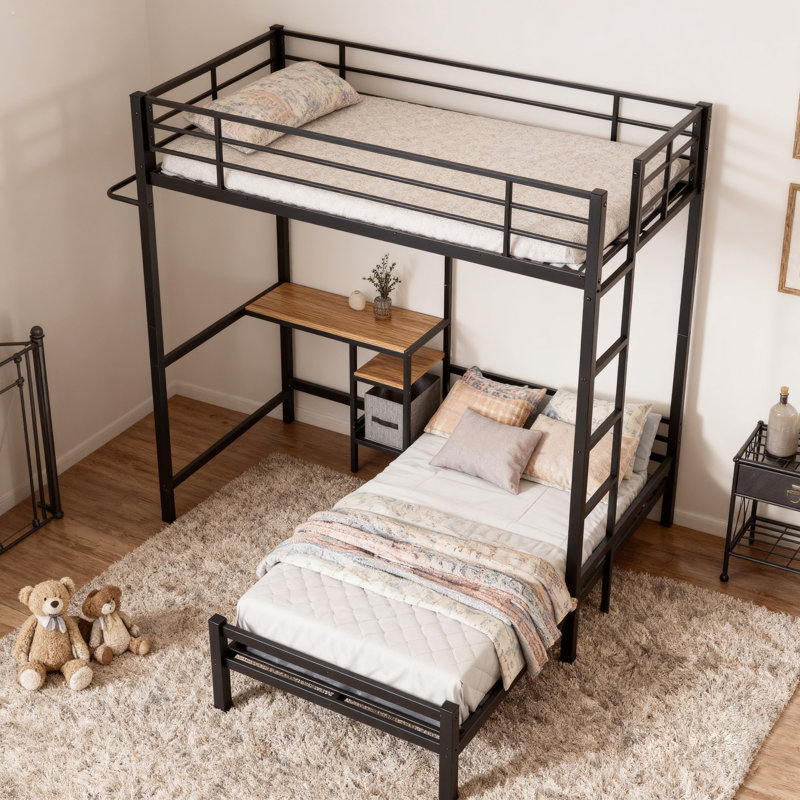 Metal Bunk Bed with Desk, Storage Shelves & Ladder