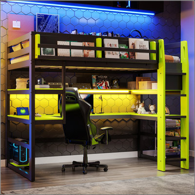 Lit mezzanine simple en bois avec bureau, support de rangement latéral, tablettes à plusieurs rangements et lumière RVB