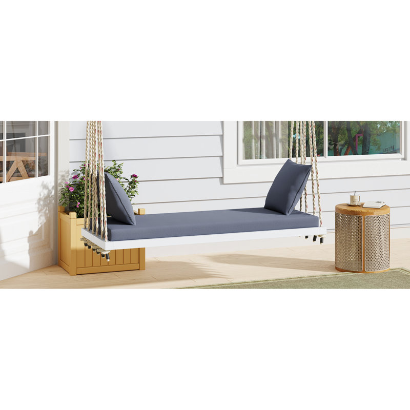 Balancelle de patio en bois avec coussin et coussins, 6 cordes en chanvre, 10,8 pi chacune, banc de véranda suspendu à charge concentrée de 400 lb, siège 63 po x 23,6 po, coussin moelleux, deux cordes