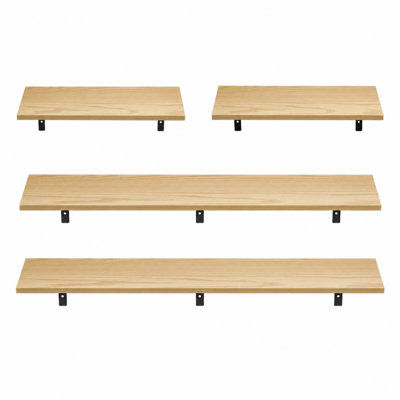 4 Piece Wall Mounted Floating Shelf Set with Black Metal Brackets