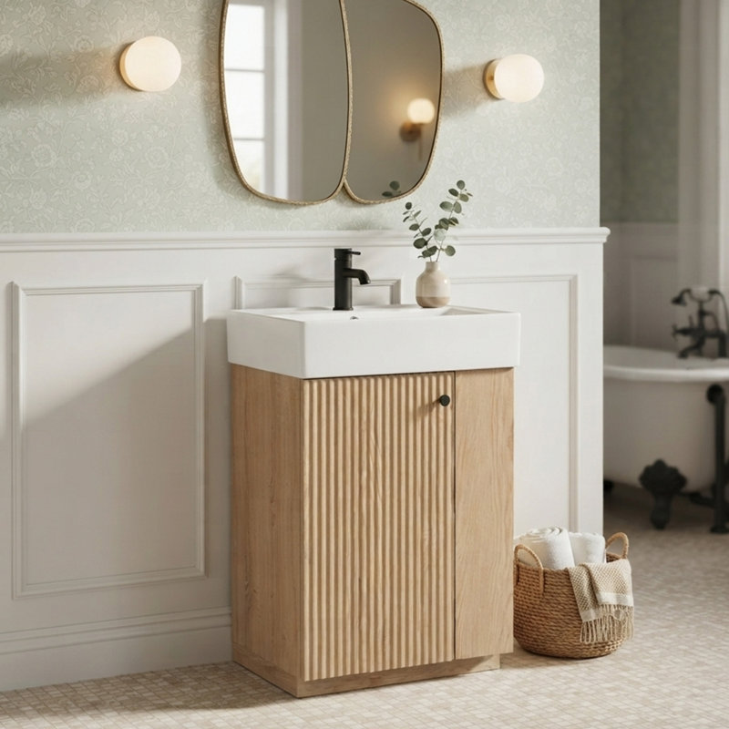 22" Single Bathroom Vanity With Ceramic Top, Wood, Left Hinge