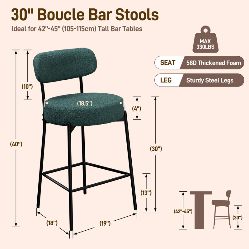 Tabouret de comptoir moderne à dossier courbé et rembourré, 3 Stools, Vert foncé
