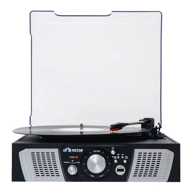 Système de table tournante 5-en-1 Victor HDV-1100 Lakeshore de Victor avec lecteur de disques, Bluetooth, lecture et enregistrement USB, radio FM et haut-parleurs stéréo intégrés - parfait pour les amateurs de vinyle et les amateurs de musique numér