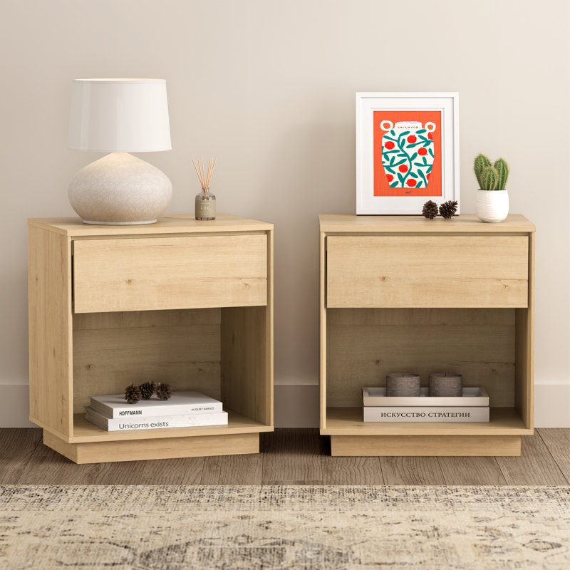 Nightstand, Wood End Side Table With Storage And Open Shelf, Individual, Natural Oak