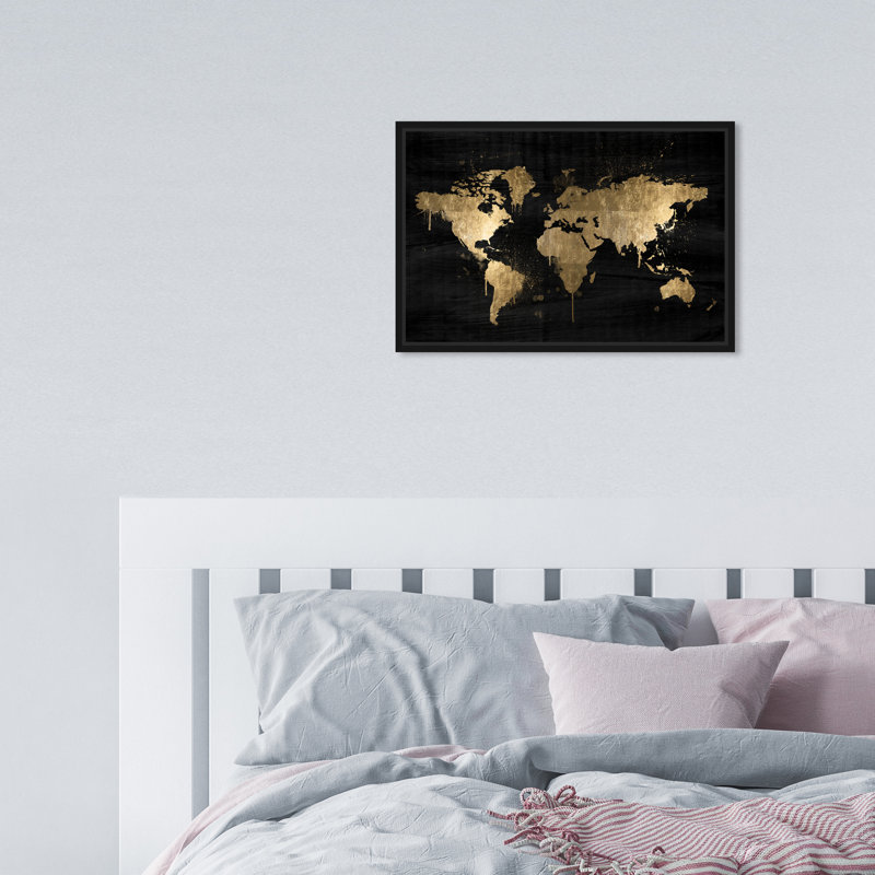 «Mapamundi Gold», reproduction d'impression sur toile, Cadre noir, H 45 po x l 30 po