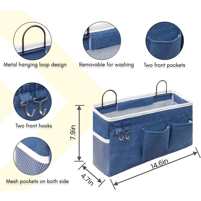 3pcs Large Wall Hanging Organizer Bag, Linen Fabric Door Hanging Storage Baskets with Pockets, Blue