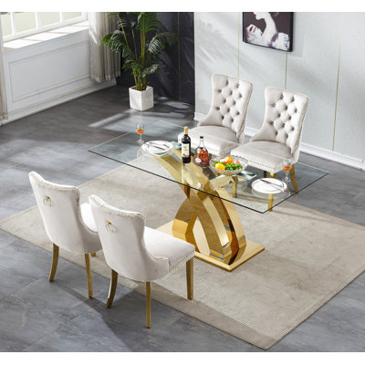 Glass Dining Table Set with Upholstered Dining Chairs, 70" Rectangle Kitchen Table and Chair Set, Clear Glass Dining Room Table Set, Modern Home Kitchen Furniture