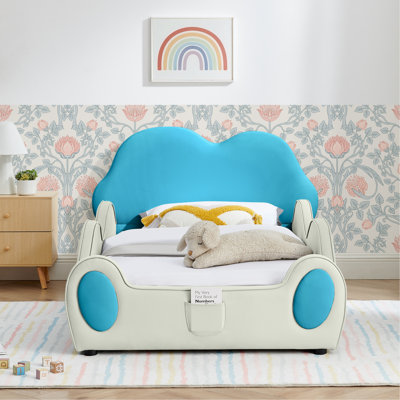Twin Size Cute Cloud Shape PU Leather Kids Bed with Guardrails, Safety Toddler Bed with Cartoon Blue&Beige Design and Storage Pocket