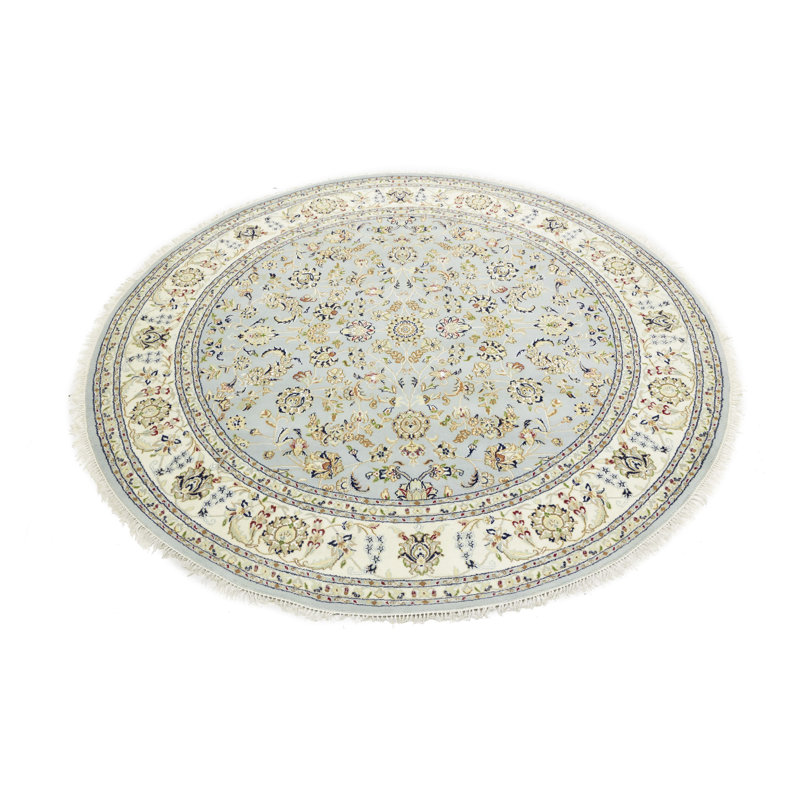 Tapis oriental rond bleu indo-nain floral fait à la main 8 x 8 | Taille exacte: 7 pi 11 po x 7 pi 11 po, Rond 8 pi x 8 pi