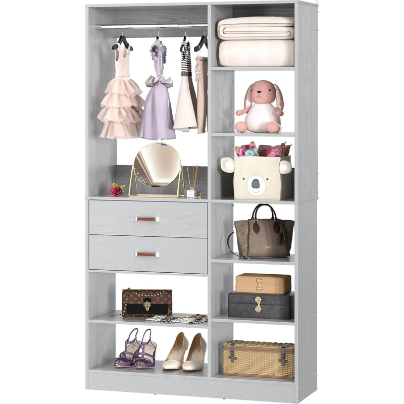 Closet System With Wooden Drawers, Gray