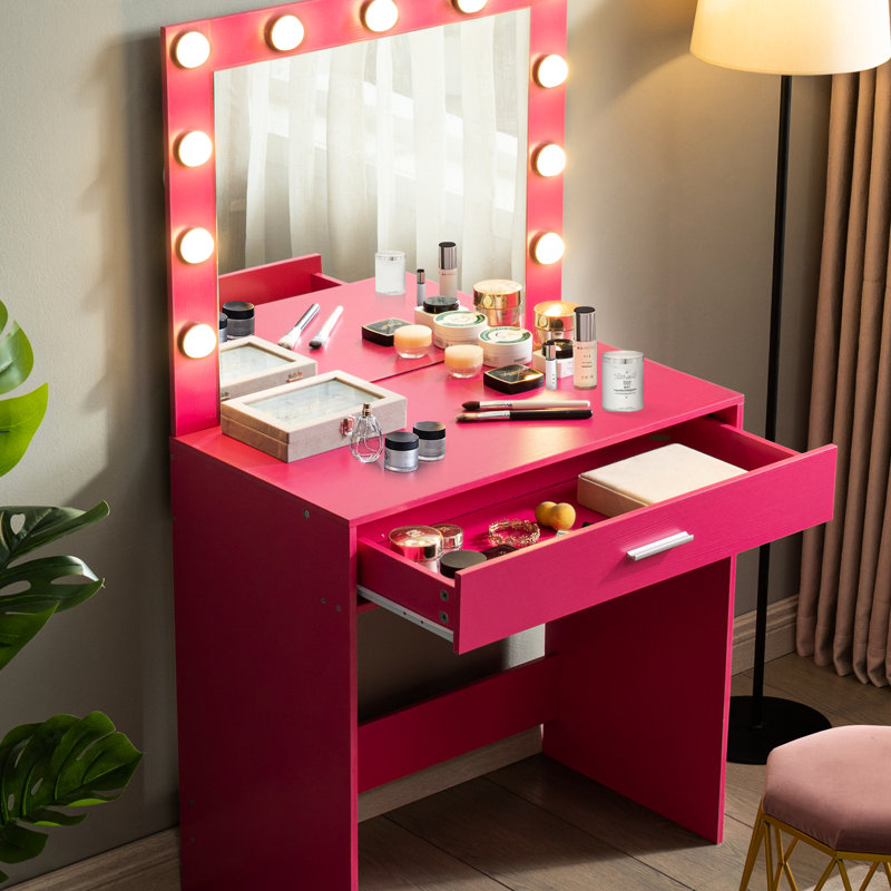 Bureau de coiffeuse rose avec miroir, lumières et grand tiroir, luminosité réglable 3 modes d'éclairage, miroir et lumières tendres, commode à grand tiroir
