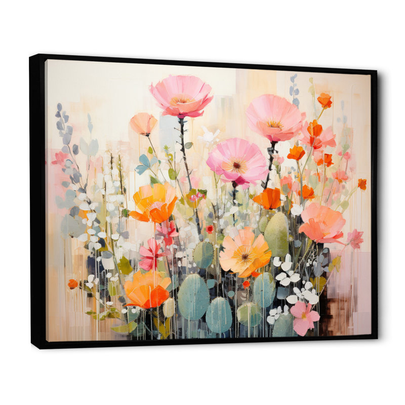 Cactus rose et vert, art acrylique multicolore I - Cactus, Cadre flottant noir, H 30 po x l 40 po x P 1,5 po