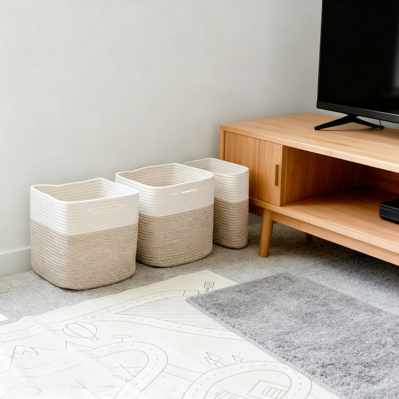 13 Inch Cube Storage Bins 3-Pack, Cotton Rope Woven Fabric Baskets For Organizing Shelves, Toys And Closet With Reinforced Handles