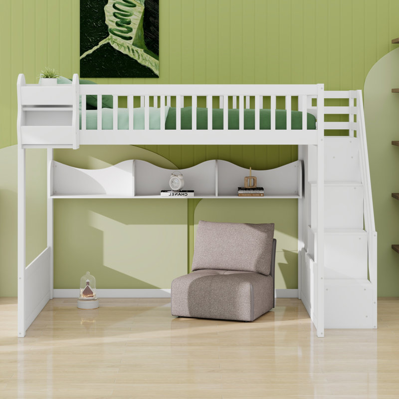 Lit mezzanine en bois avec escalier et garde-robe, tablettes de rangement et espace sous le lit, Blanc