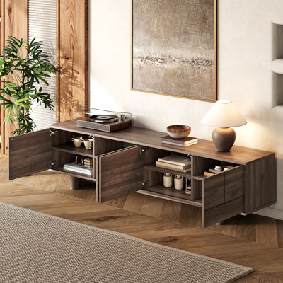 Meuble télé 78 po pour téléviseur de 85 po ou moins, meuble télé avec pieds en bois massif, passe-câbles, charnières à fermeture en douceur et tablettes réglables pour le salon