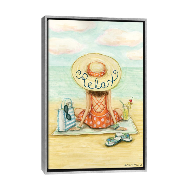 «Relaxing on Beach Relax Hat» par Bella Pilar, impression, H 60 po x l 40 po x P 1,5 po, Toile avec cadre argenté