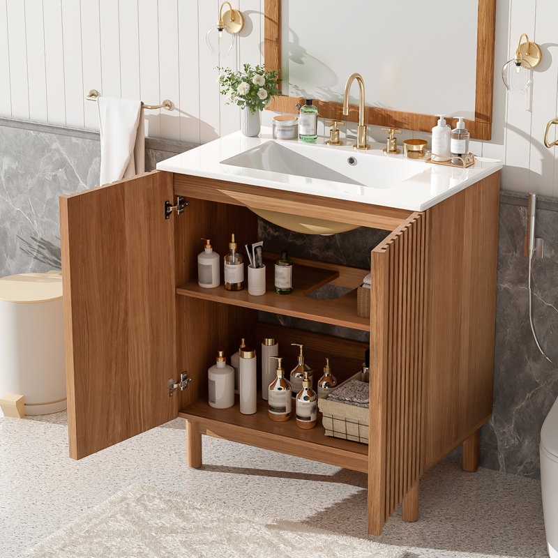 Meuble-lavabo traditionnel de 29,9 po avec lavabo en céramique, pieds en bois massif, tablette réglable en forme de U en MDF, portes à fermeture en douceur et