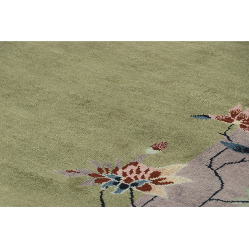 Rug & Kilim’S Chinese Art Deco Runner Rug In Green With Colorful Floral Patterns, Rectangle 13' x 19'