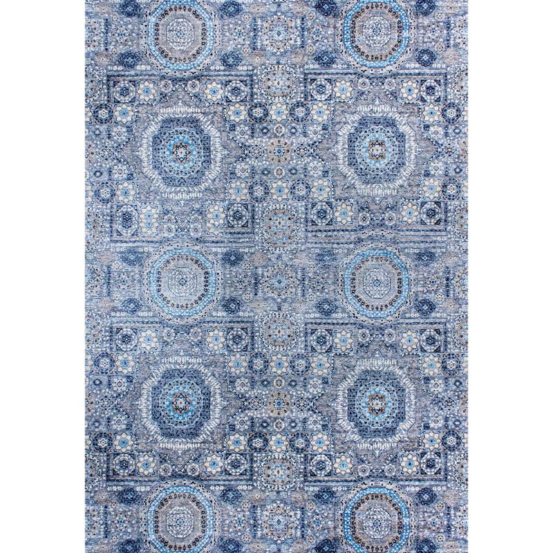 Hand-Knotted Wool/Silk Floral Area Rug in Beige/Gray/Blue, Rectangle 9' x 12'
