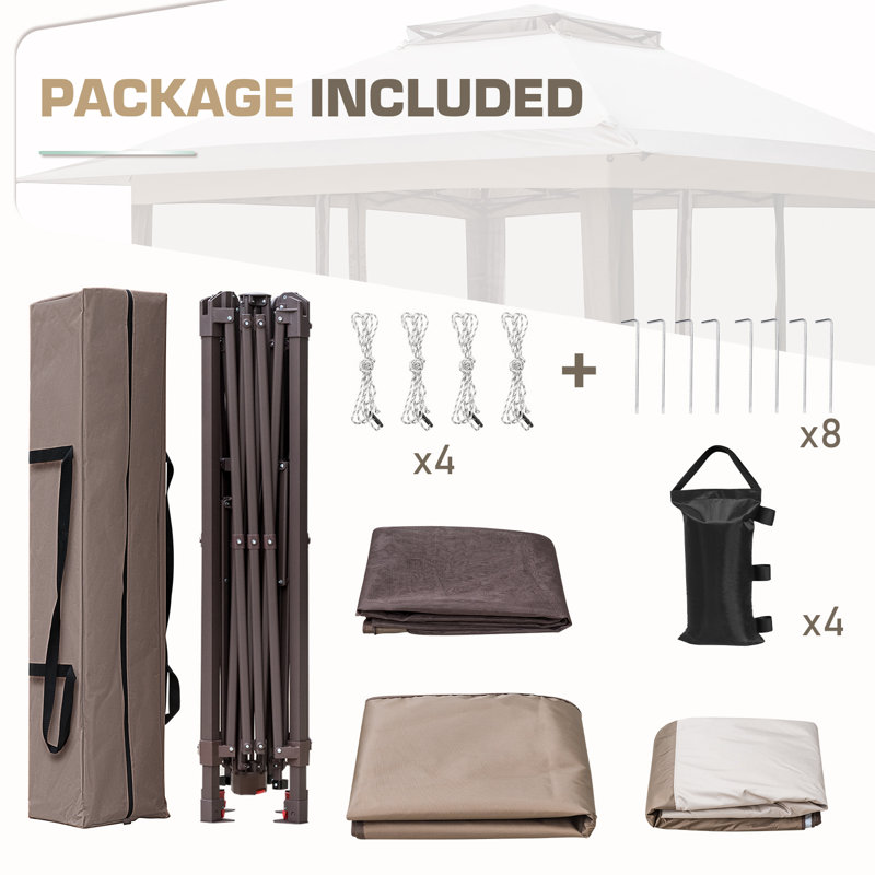 Beige and Brown Metal Pop-Up Patio Gazebo with Mosquito Netting