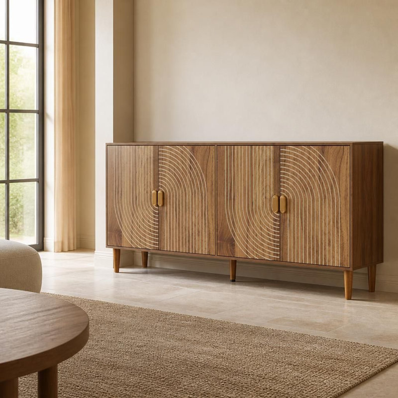 Buffet multifonctionnel à 4 portes avec rangement, dosseret rainuré, meuble d'appoint avec tablette réglable et système antibasculement, pieds robustes en bois massif