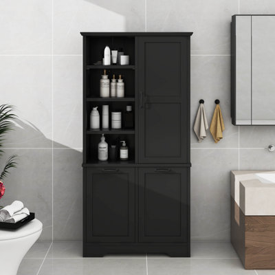 Armoire de rangement de salle de bain avec portes et tiroirs, panier à linge inclinable, tablette ouverte, tablette réglable