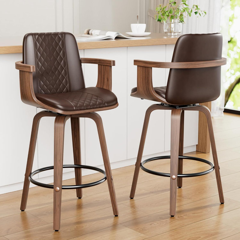 Tabourets de bar pivotants modernes à 360 ° avec accoudoirs en bois cintré - siège rembourré en similicuir, mousse haute densité, repose-pieds en métal, sièges de bar pour la cuisine et la maison
