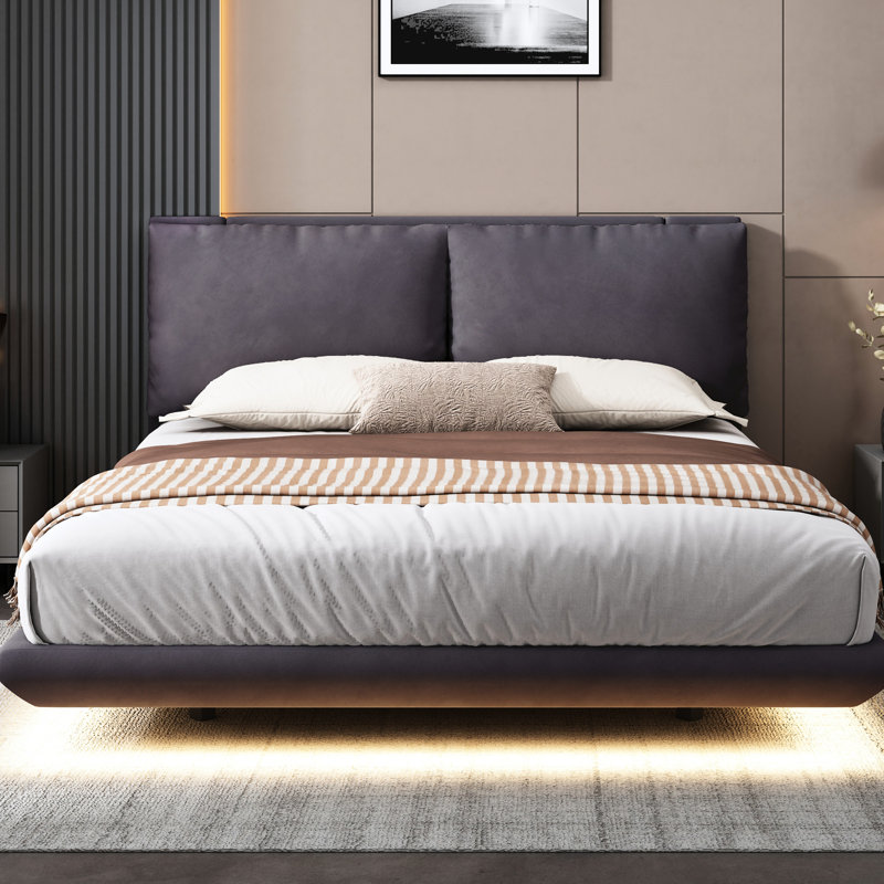 Lit plateforme tapissier gris avec capteur et 2 dossiers, Gris, Grand lit