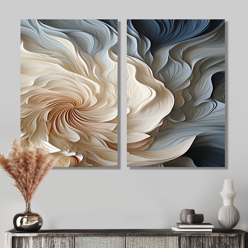 «White and Blue Feather Spiral - Abstract Geometric Wall Art Decor», ensemble de 2 reproductions sur toile abstraites blanches