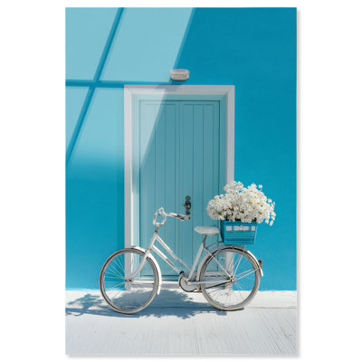 Bicycle by the Blue Door Acrylic Print Vintage Art Prints by Notoriart, Ready to Hang, 36 x 54