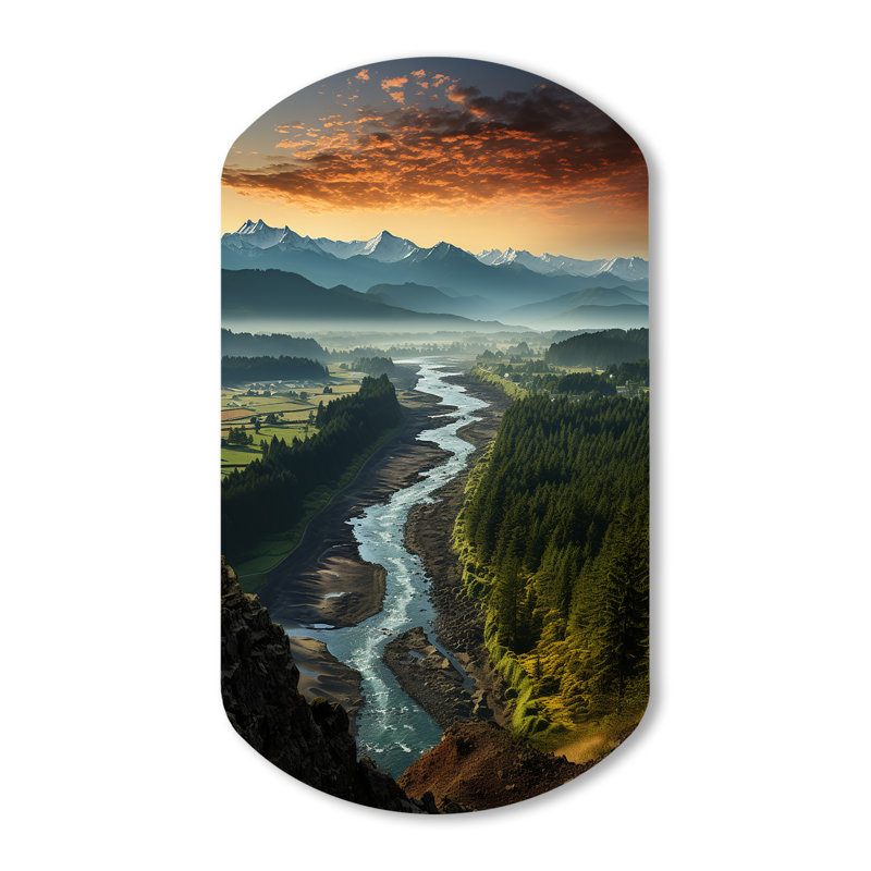 Haralda Oregon River Landscape III - Décoration murale irrégulière en forme de cylindre en Oregon, H 31 po x l 19 po