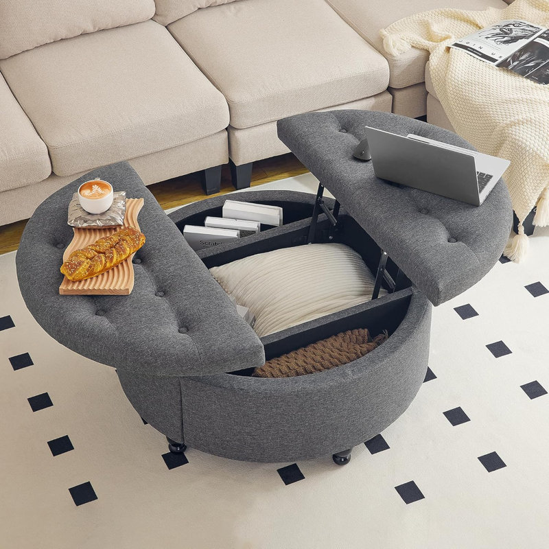 35" Wide Round Ottoman With Storage, Round Storage Ottoman, Tufted Round Ottoman Coffee Table Fabric Round Coffee Table Ottoman With Storage
