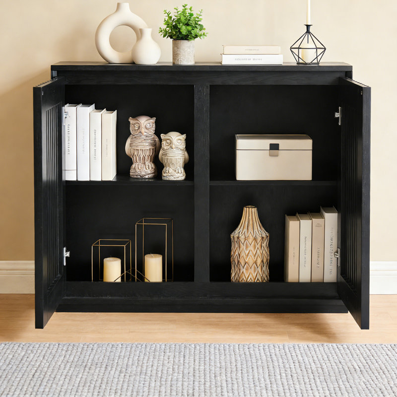 Black Mid Century Modern Fluted Hollow Sideboard Buffet With 2 Outlet Holes, Storage Cabinet For Living Room Dining Room