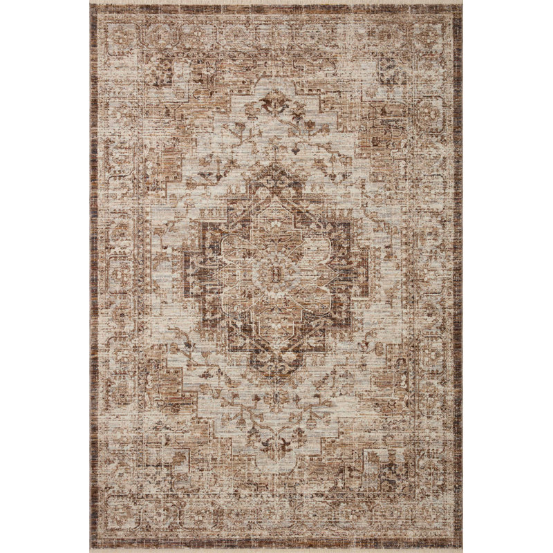 Sorrento Oriental Machine Made Power Loom Polyester Area Rug in Beige/Brown, Rectangle 2' x 3'