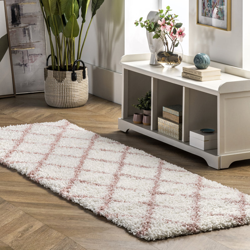Tapis géométrique à poil long géométrique pour salon, chambre à coucher, chambre de bébé, rose / ivoire