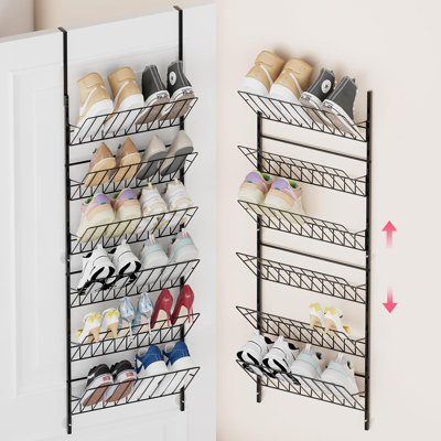 Over the Door Shoe Organizer - Adjustable 6 Tier Hanging Shoe Rack Organizer, Metal Heavy Duty Behind Door Storage or Wall Mount Shoes Shelf
