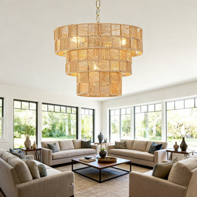 Lustre de ferme avec abat-jour en rotin tissé à la main, plafonnier de cuisine 4 lumières pour la salle à manger, le vestibule, le salon et la chambre à coucher