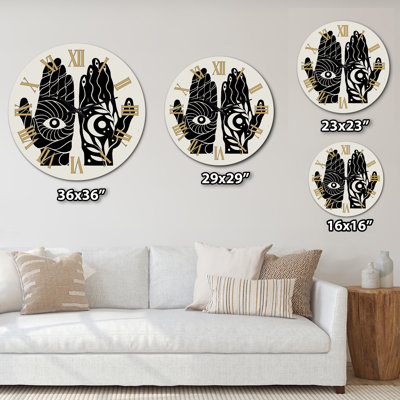 HamSa Hands With Eye and Moon Black and White Illustration - Modern wall clock