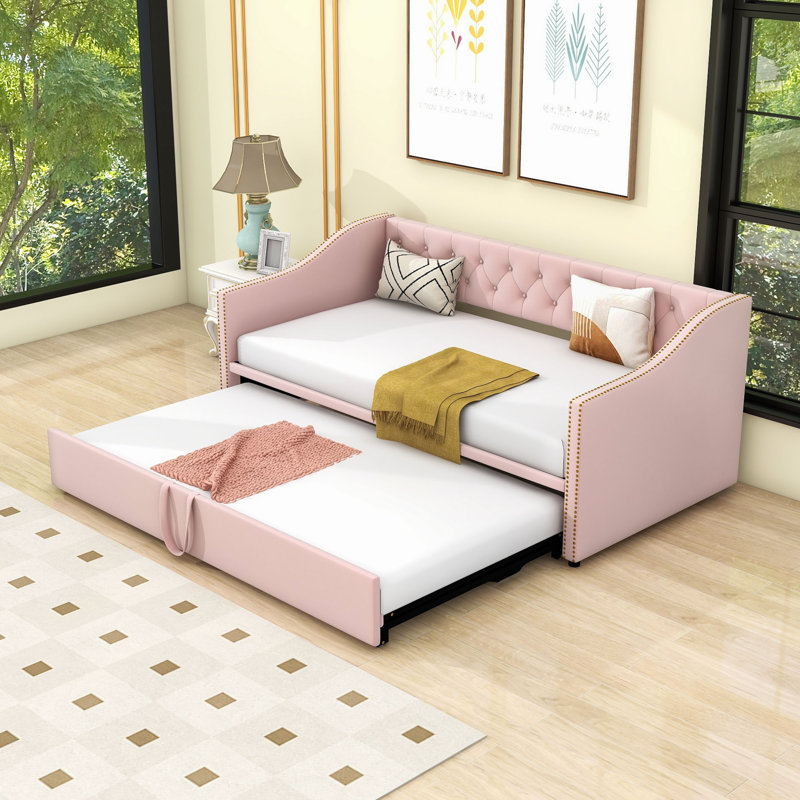 Twin Velvet Upholstered Daybed with Pop Up Trundle, Featuring Soft Backrest, Pink