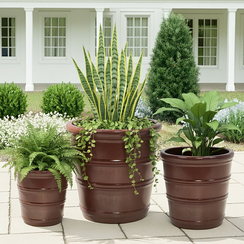 Ensemble de 3 pots à fleurs d'intérieur / extérieur en céramique avec trou de drainage, Pâte de haricots rouge