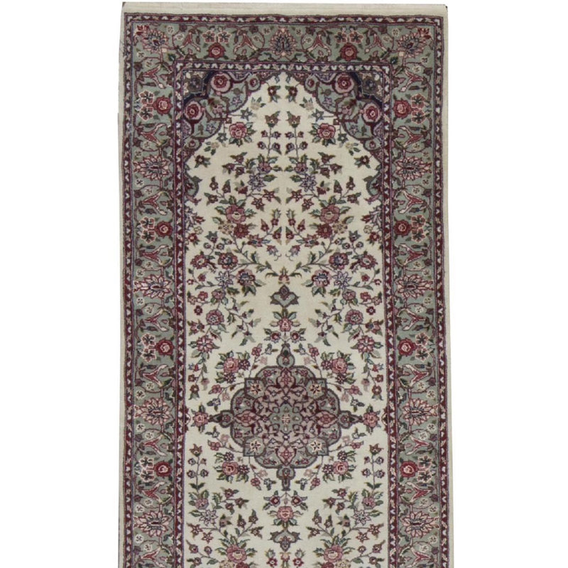 Tapis de couloir ivoire, vert et rouge noué à la main de haute qualité